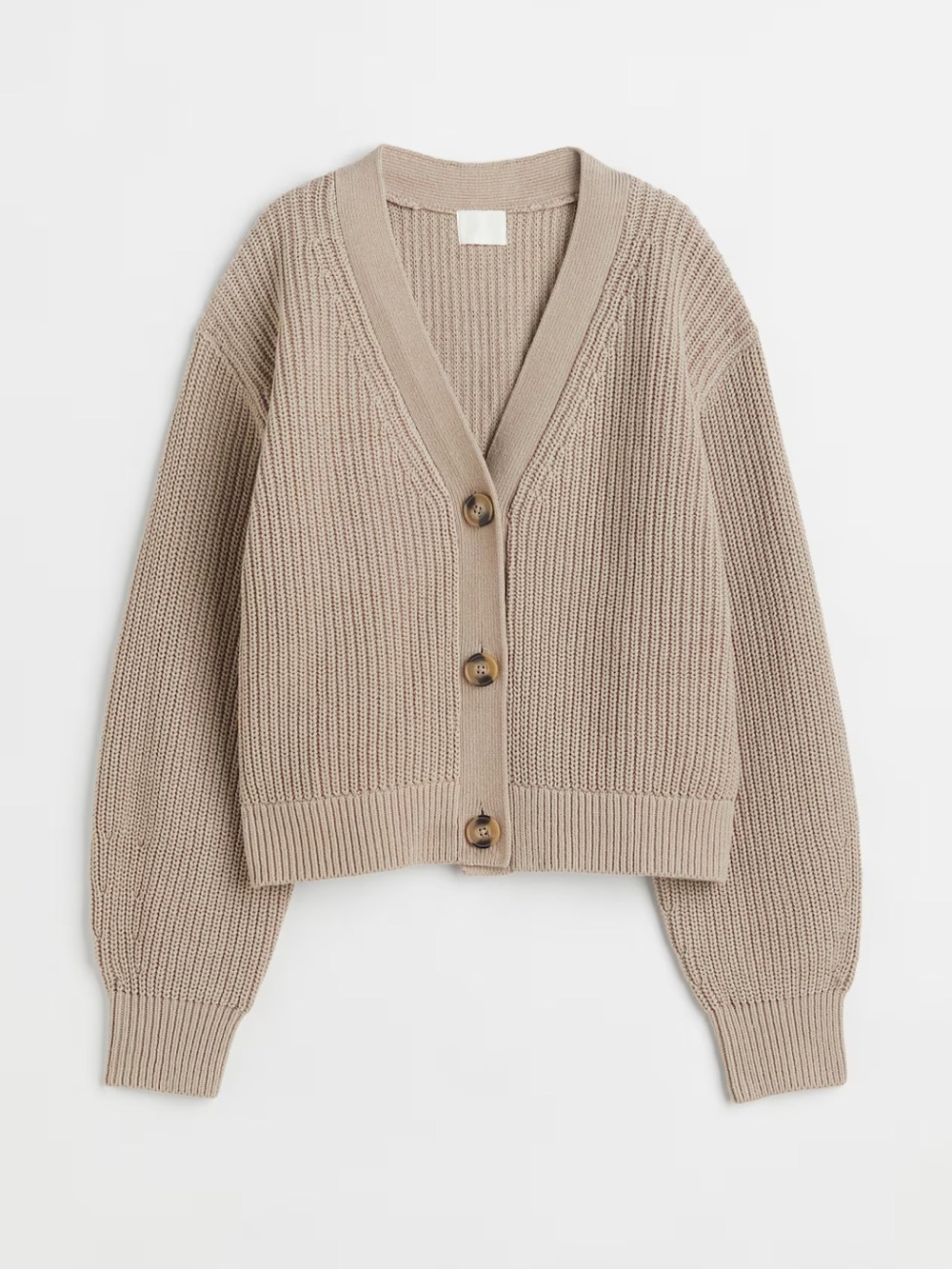 H&M Beige Rib-Knit V-Neck Button Cardigan Sweater